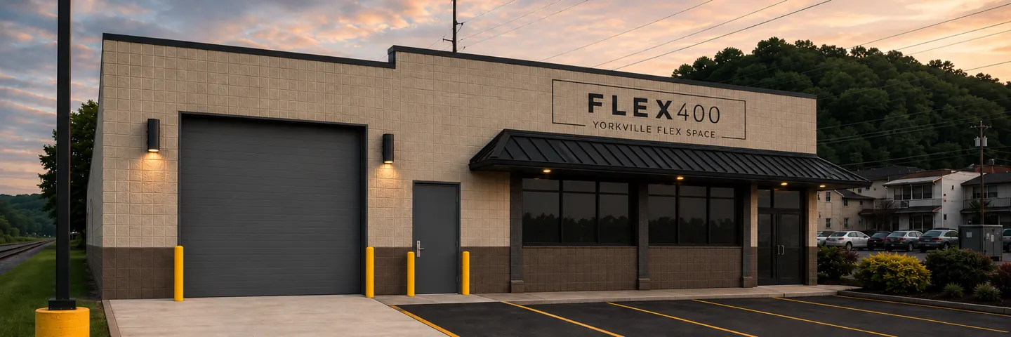 Flex400 exterior concept rendering in Yorkville, Ohio, showing proposed facade colors and overhead door.